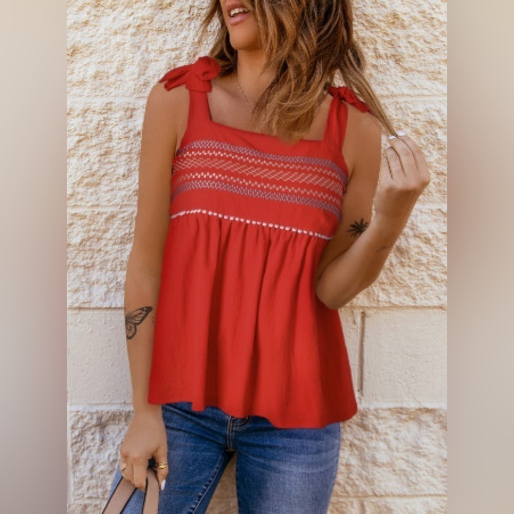 Red Embroidered Geo Design Front Shirred Back Tie Strap Babydoll Tank Top NEW